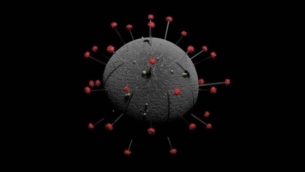 Representación 3D del virus Corona también llamado 2019-nCoV, sobre un fondo negro. Virus completo con envoltura de cápside proteico, espigas H y espigas N. - Foto, imagen