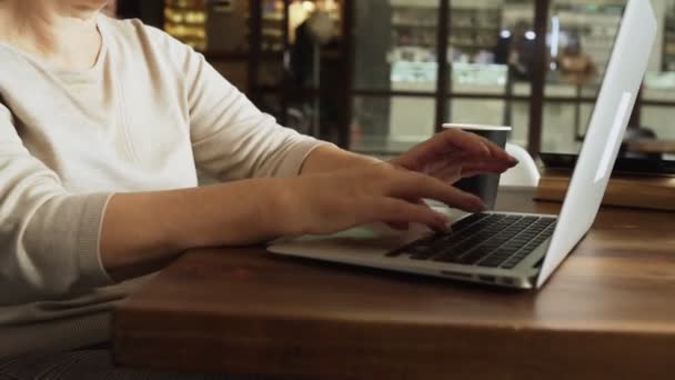 Senior ženy typy na notebooku v moderní kavárně - Záběry, video