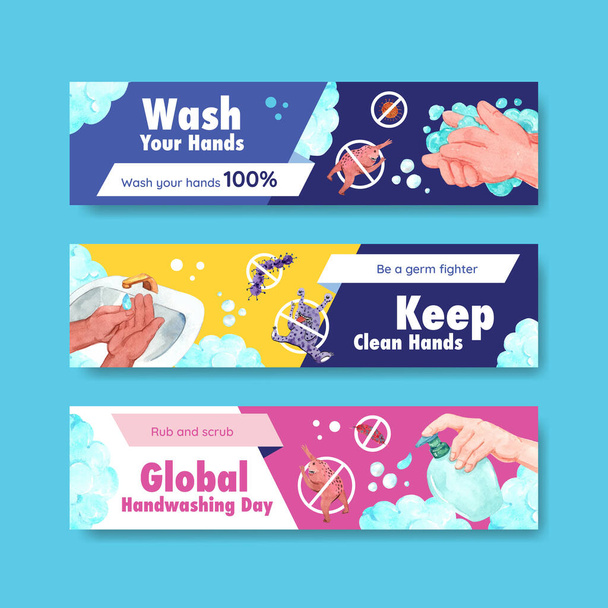 Plantilla de banner con diseño de concepto de día de lavado de manos global para publicidad y comercialización acuarela vecto - Vector, imagen