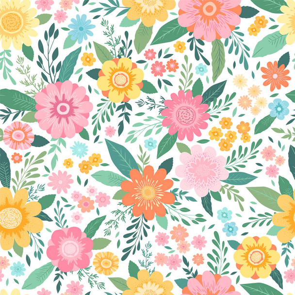 Seamless vector floral pattern with hand drawn colorful flowers, leaves and floral elements on white background. Template for fashion prints, fabric, wallpaper - Vector, afbeelding