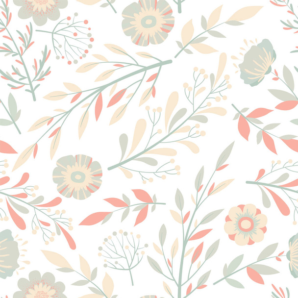 Seamless vector pattern with hand drawn flowers, leaves and branches isolated on white background. Floral design template for print, fabric, invitation, wallpaper, brochure, card, cover - Vektor, obrázek