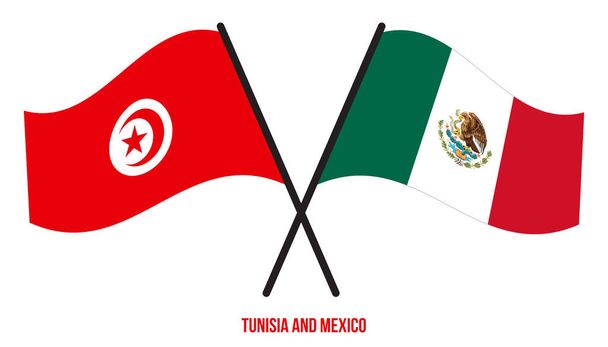 Flagi Tunezji i Meksyku przekroczyły i machały płaskim stylem. Oficjalna proporcja. Prawidłowe kolory. - Wektor, obraz