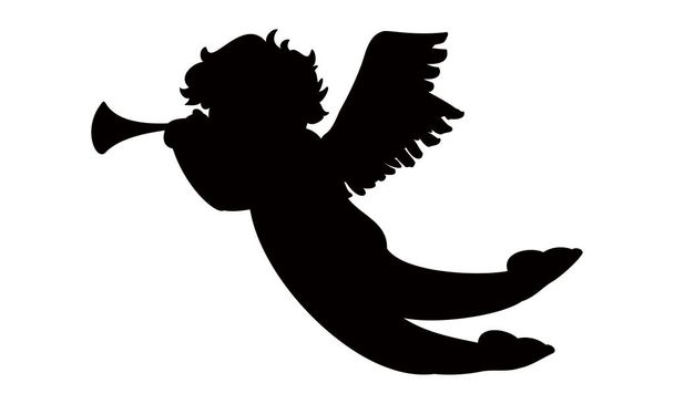 Cupido suona angelo tromba nero silhouette - Vettoriali, immagini