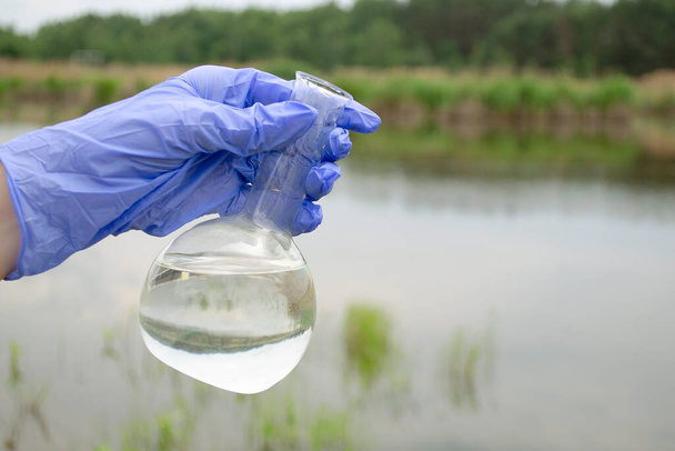 Sample of water from a lake, river. Water sampling by a laboratory assistant for quality indicators. - Foto, Imagem