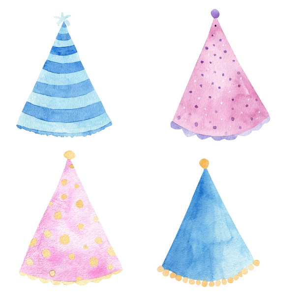 Party hats watercolor clipart. Printable hand painted decoration for party, birthday, baby shower, greeting cards. - Foto, immagini