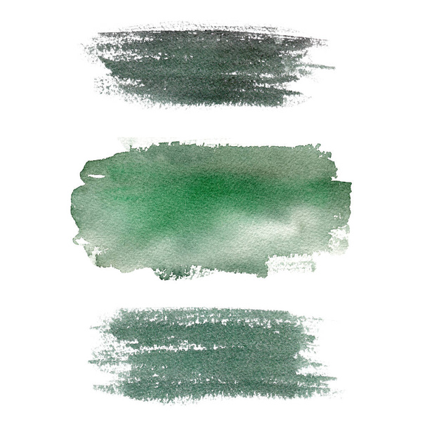Green watercolor texture. Abstract brush strokes isolated on white background. Graphics for logo, banner, diy. - Fotó, kép