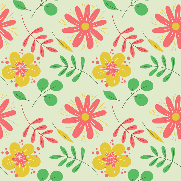 Floral seamless pattern. Vector flowers. Color sketch. Doodle background. Green leaves - Διάνυσμα, εικόνα