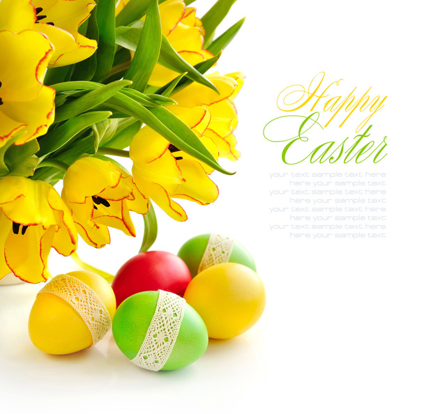 Easter eggs with tulips on white background (with sample text) - Photo, Image