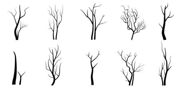 Černé větve Strom nebo Nahé stromy siluety nastavit. Ručně kreslené izolované ilustrace. - Vektor, obrázek