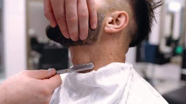 Klient odwiedzający Haidresser w salonie fryzjerskim, przycinanie brody - Materiał filmowy, wideo