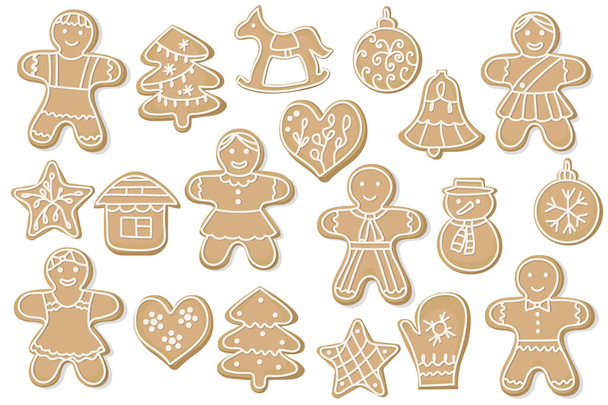 Kerstpeperkoek. zoete koekjes in de vorm van een man, thuis, sneeuwpop, hart en andere items. heerlijk bakken voor de vakantie. Symbolen van Gelukkig Nieuwjaar en Kerstmis. Vector - Vector, afbeelding