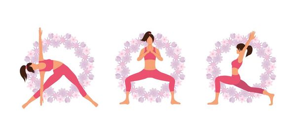 Ensemble d'exercices de yoga et de fitness. Mode de vie sain. Collection de personnages de dessins animés féminins démontrant diverses positions de yoga isolées sur fond blanc. Illustration vectorielle - Vecteur, image
