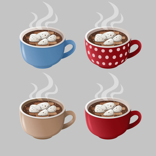 Isolated cocoa cups on a white background. Colorful cups with hot chocolate and marshmallows. - Vecteur, image