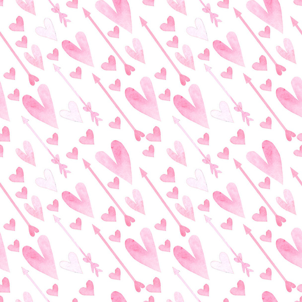 ピンクの水彩画の手でシームレスなパターンは、心とキューピッドの矢印を描いた。あなたのデザインのバレンタインデーのイラスト。ロマンチックな愛の背景. - 写真・画像