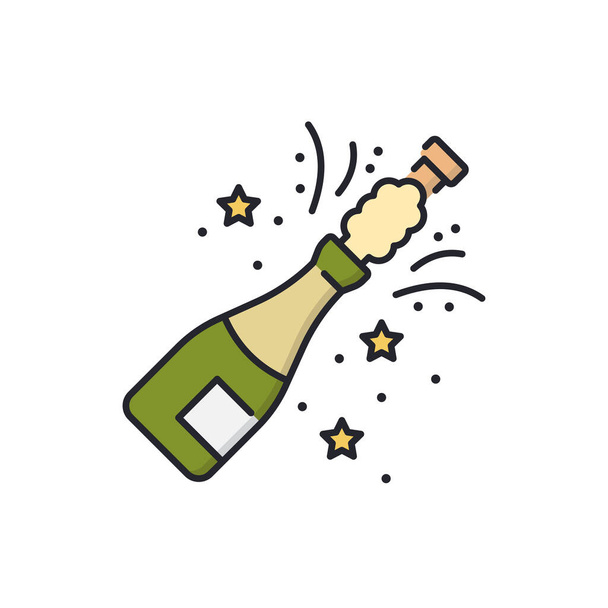 Línea de icono de fiesta de bebida pop de champán, contorno, delgado, sólido, color, pictograma, aislado sobre fondo blanco - Vector, imagen