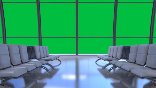 3Dレンダリング空港ターミナルとガラス窓と空の座席緑の画面の背景HD映像 - 映像、動画