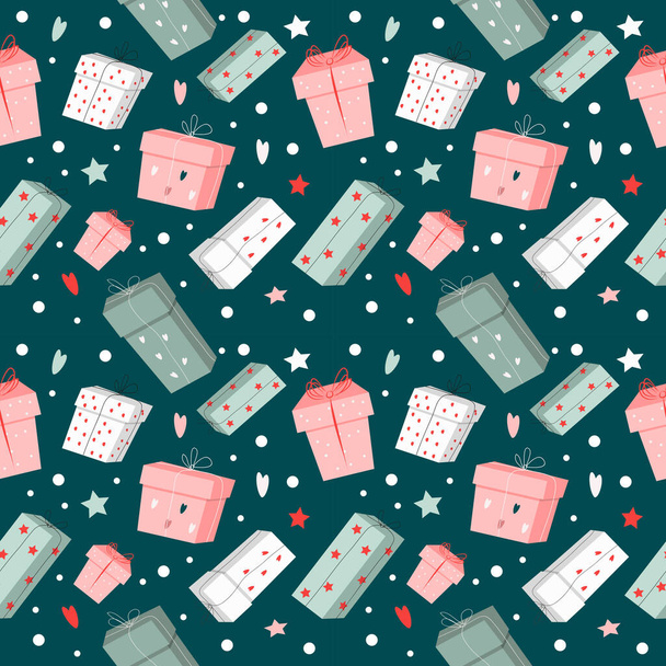  vector seamless festive pattern for new year or christmas with gift boxes on dark green background - Vektör, Görsel