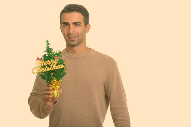 Young happy Iranian man holding Merry Christmas tree ready for Christmas - Fotoğraf, Görsel