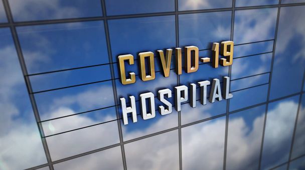 Szpital Covid-19 w szklanym budynku. Lustrzane niebo i nowoczesna fasada miasta. Epidemia, pandemia wirusów, opieka zdrowotna, koncepcja awaryjna i medyczna. - Zdjęcie, obraz