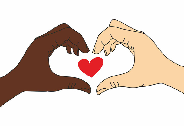 Mãos pretas e brancas com símbolo de coração e coração vermelho - Foto, Imagem