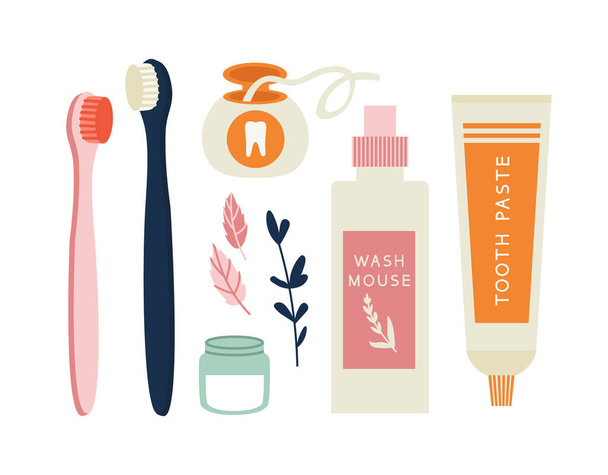 Vector illustration of dental care tools. two colored toothbrushes in blue and pink color, toothpaste, dental floss, mouthwash, tooth powder, and mint leaves. Hand-drawn illustration in flat design. - Vector, Image