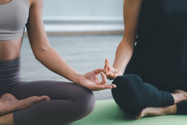 Две молодые женщины практикуют йогу в комнате для медитаций. Указывает на хорошее здоровье от физических упражнений - Фото, изображение
