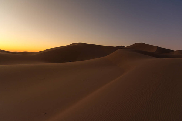 Senna koncepcja pustyni o zmierzchu świtu na pustynnej wydmie Erg Chigaga, u bram Sahary. Maroko. Pojęcie podróży i przygody - Zdjęcie, obraz
