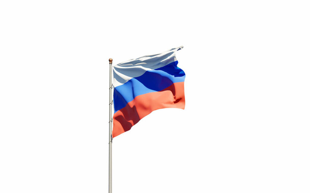 Hermosa bandera del estado de Rusia ondeando en el fondo del cielo. Angulo bajo close-up Rusia bandera obra de arte 3D. - Foto, imagen