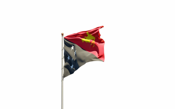 Schöne Nationalflagge von Papua Neuguinea flattert am Himmel. Niedrige Nahaufnahme Papua-Neuguineas Flagge 3D-Kunstwerk. - Foto, Bild