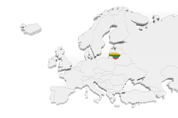 Mapa Europy 3D z zaznaczonymi granicami - obszar Litwy oznaczony flagą Litwy - odizolowany na białym tle z miejscem na tekst - ilustracja 3D - Zdjęcie, obraz