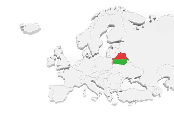 Carte d'Europe 3D avec bordures marquées - zone du Bélarus marquée du drapeau du Bélarus - isolée sur fond blanc avec espace pour le texte - Illustration 3D - Photo, image