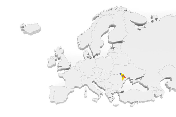 3D Europa-kaart met gemarkeerde grenzen - gebied van Moldavië gemarkeerd met Moldavische vlag - geïsoleerd op witte achtergrond met ruimte voor tekst - 3D-illustratie - Foto, afbeelding