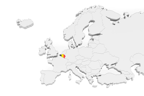 Mapa de Europa 3D con bordes marcados - zona de Bélgica marcada con bandera de Bélgica - aislada sobre fondo blanco con espacio para texto - Ilustración 3D - Foto, Imagen