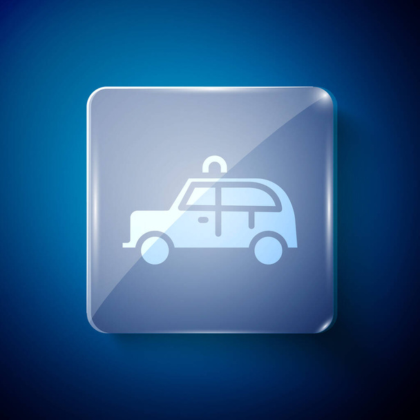 Táxi branco ícone do carro isolado no fundo azul. Painéis de vidro quadrados. Vetor. - Vetor, Imagem