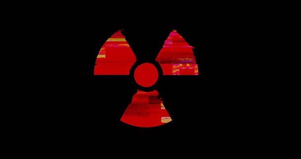 Символ ядерной радиации и опасность искажения текста на фоне ретро-телевидения. Абстрактная концепция атомной радиоактивной тревоги с иллюстрацией эффекта шума и глюка. - Фото, изображение