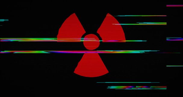 Nuclear radiation symbol and danger distorted text on damage retro tv background. Abstract concept of atomic radioactive alert with noise and glitch effect rendering illustration. - Photo, Image