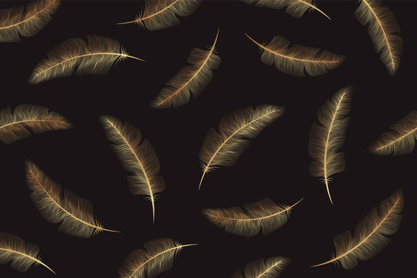 Modern luxury background for banner or presentation or greeting card with golden feathers on black. - Vector, Image