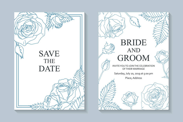 Virágos esküvői meghívó design vagy üdvözlőkártya sablonok kék rózsákkal fehér alapon. - Vektor, kép