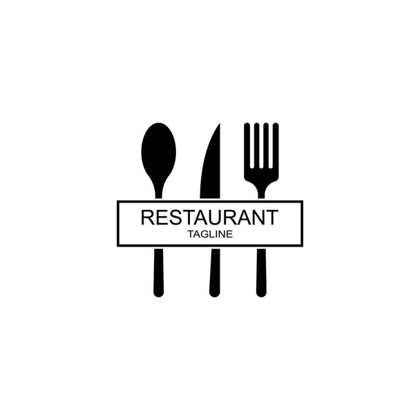 Abstraktní logo kavárny nebo restaurace. Lžíci, nůž a vidličku na talíři. Jednoduchý obrys - Vektor, obrázek