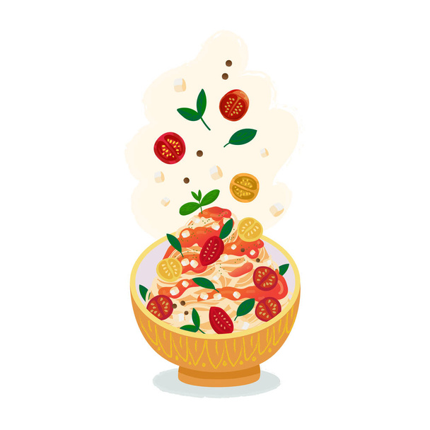 Pâtes sur une assiette avec sauce tomate et garnitures volantes. Cuisine italienne spaghetti au fromage, basilic et tomates. Illustration vectorielle sur fond blanc - Vecteur, image