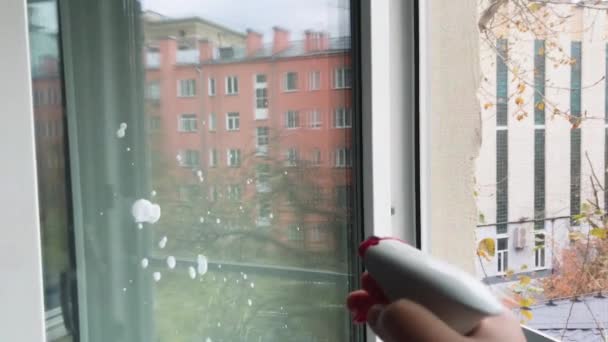 Puhdistus ikkunalasi spray pesuainetta. Lasi saippuavedessä, kuin lumi. Ikkunan ulkopuolella hämärtynyt katu, talot, keltaiset lehdet. Käsitteen puhtaus, puhdistus ja puhdistus kotiin - Materiaali, video