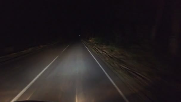 Nocna droga, autostrada przez tunel drzew w lesie, światło reflektorów samochodowych oraz odbijające światło słupki i znaki wzdłuż drogi. Europa Środkowa - Materiał filmowy, wideo