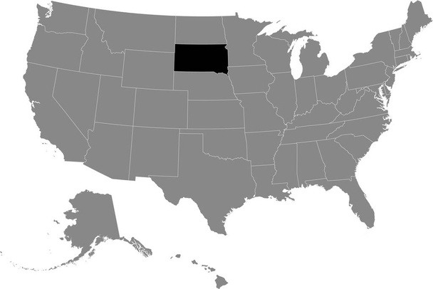 Mappa dettagliata nera dello stato federale del Dakota del Sud all'interno della mappa grigia degli Stati Uniti d'America - Vettoriali, immagini
