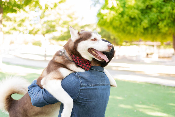 Achteraanzicht van een hondeneigenaar die zijn lachende harige hond knuffelt in het park - Foto, afbeelding