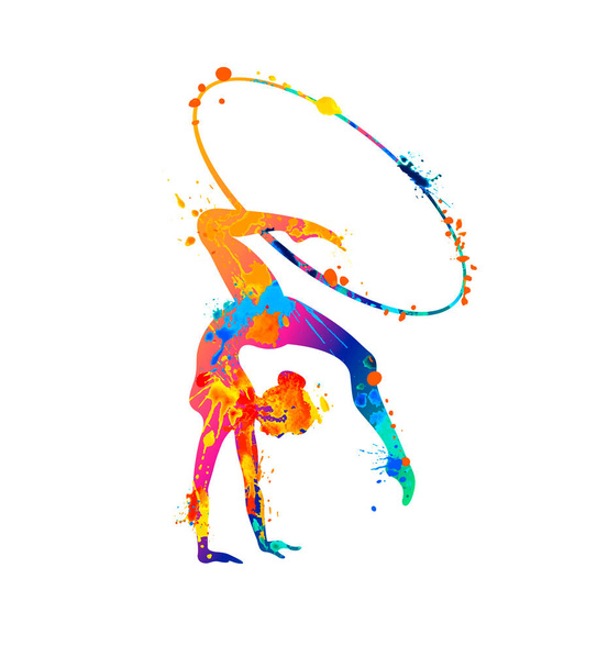 Дівчина з художньою гімнастикою з обручем. Векторний танцюрист силует фарби для бризок
 - Вектор, зображення