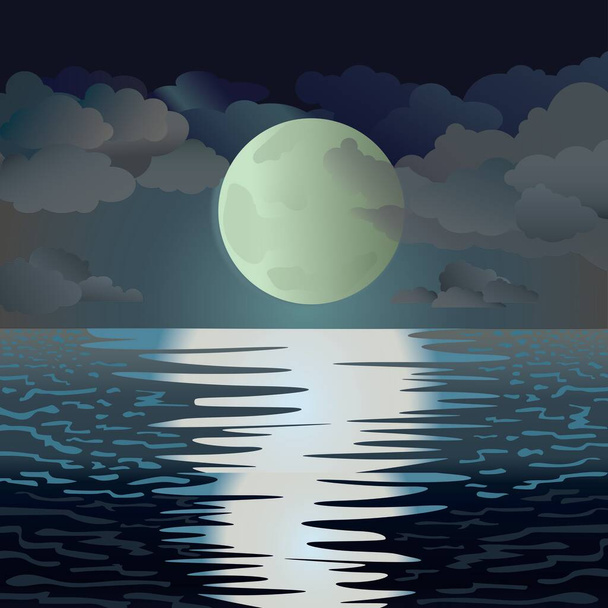 Night animated seascape. Night. Moon. Sea. Light. Flares. The clouds. - Vector, imagen