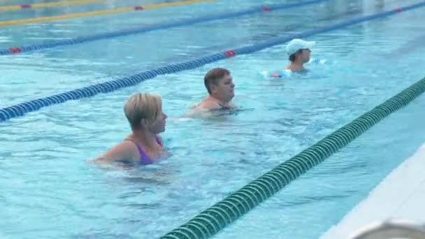 Üç son sınıf öğrencisi yüzme havuzunda su jimnastiği yapıyor.. - Video, Çekim