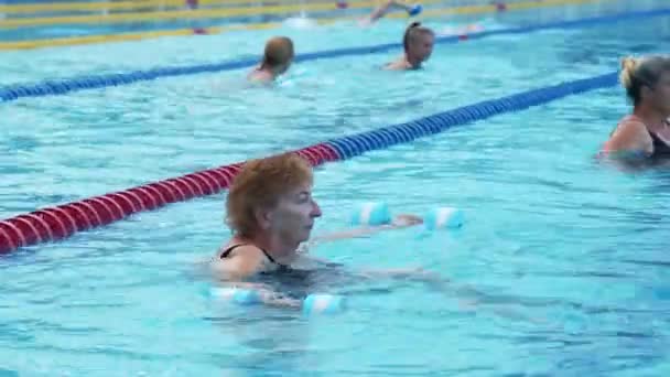 Frauengruppe trainiert Wassergymnastik im Schwimmbad. - Filmmaterial, Video