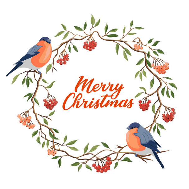 Hand drawn Merry Christmas typography in rowanberry winter wreath with bullfinches banner. Celebration text with berries and leaves for postcard, icon or badge. Vector illustration - Vector, Image