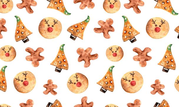 Suluboya ile çizilmiş kusursuz bir Noel tatili modeli. Zencefilli çörek adam, Noel ağacı ve geyik tatlı dokusu. Mevsimlik hediye paketleri, kartlar, tekstil baskısı, fırın, yeni yıl partisi süslemeleri için. - Fotoğraf, Görsel
